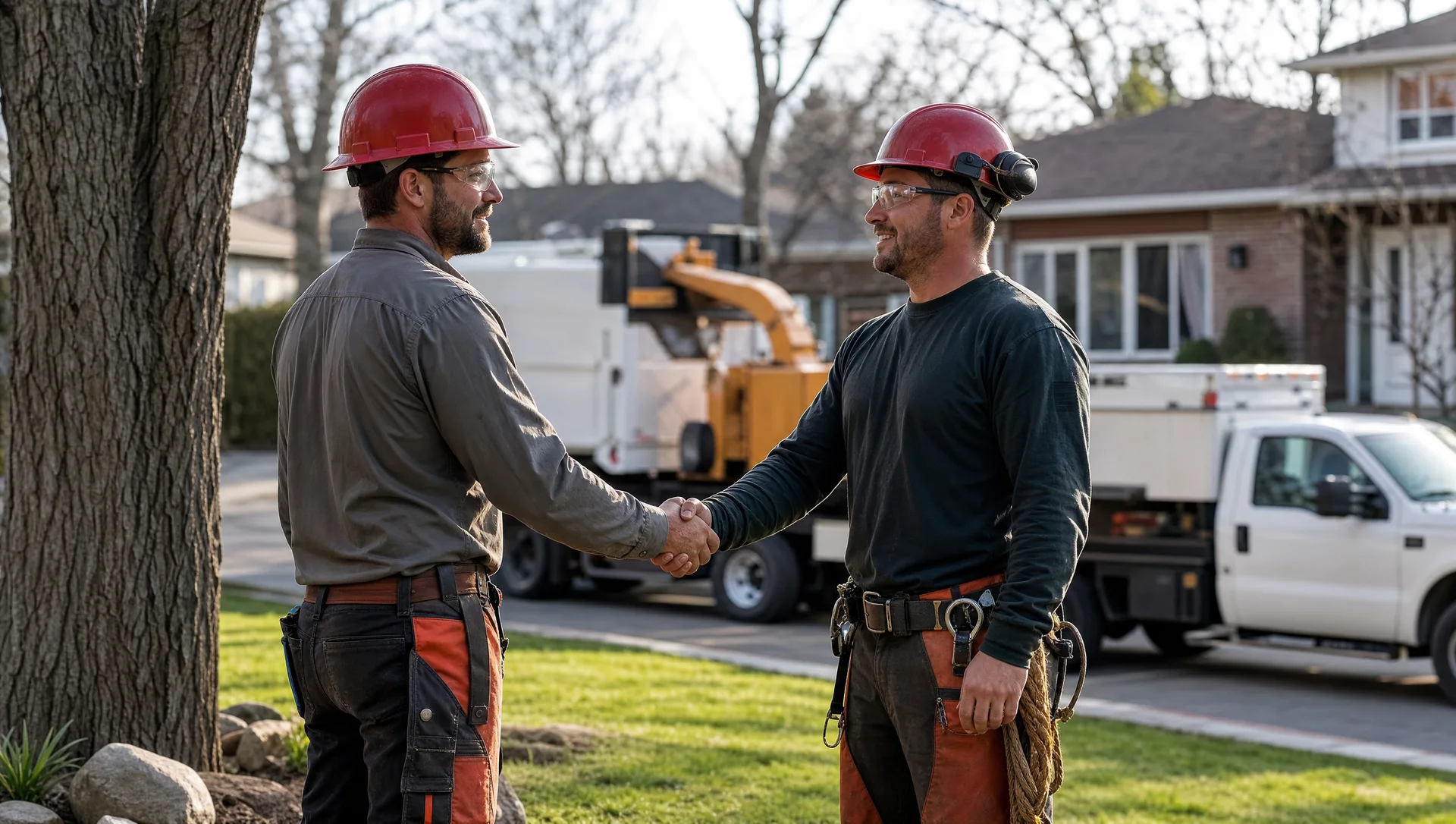 Two ISA-certified arborists in PPE shaking hands at the end of a tree-removal job in a residential front yard, crew truck and wood chipper in the background