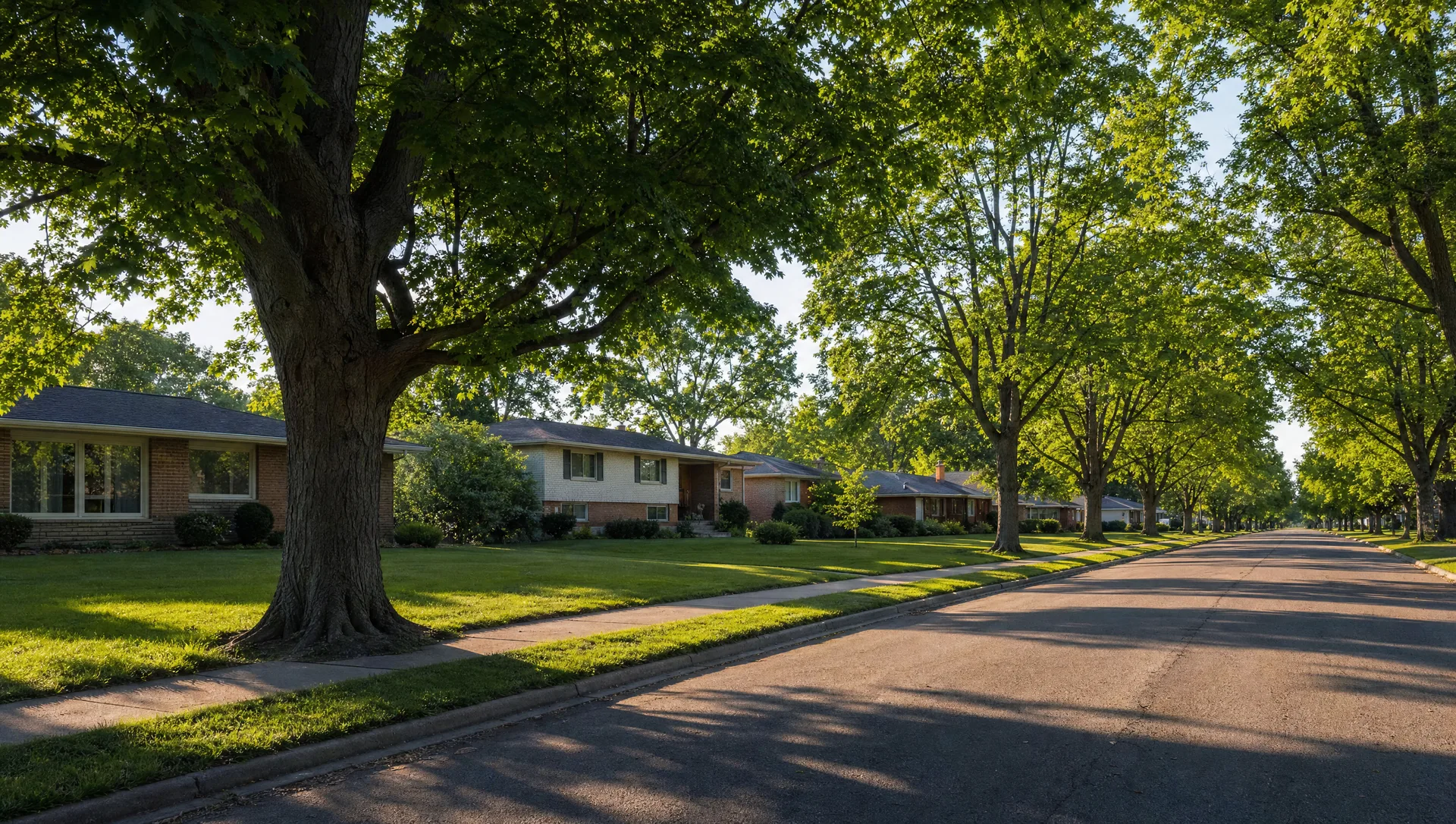 1970s Aurora suburban street with mature sugar maples lining both sides and ranch-style brick houses