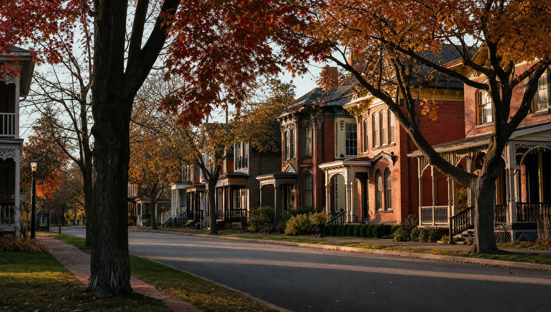 Heritage Victorian-era residential street in Aurora Village with mature maple trees in autumn foliage