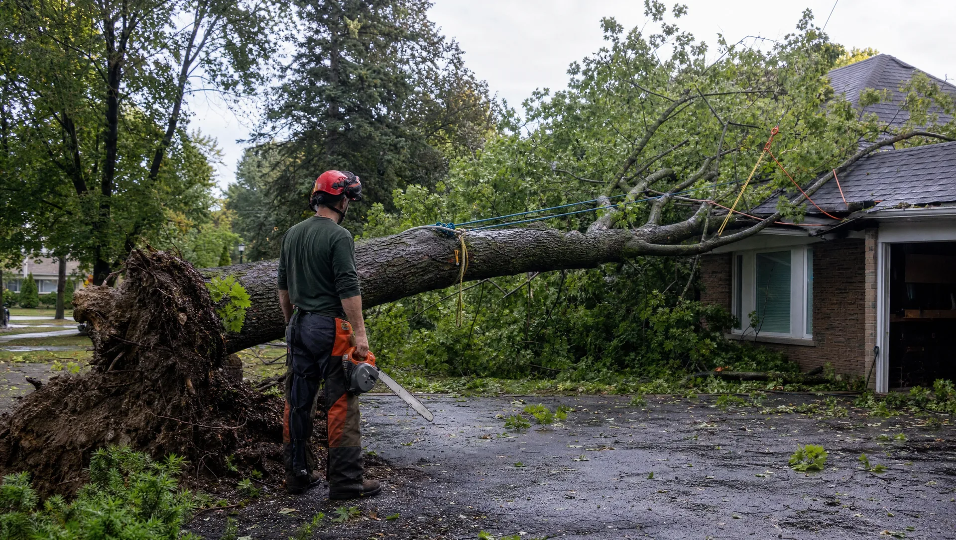 Large fallen maple tree resting against the edge of a residential roof after a storm, ISA-certified arborist assessing the rigging plan