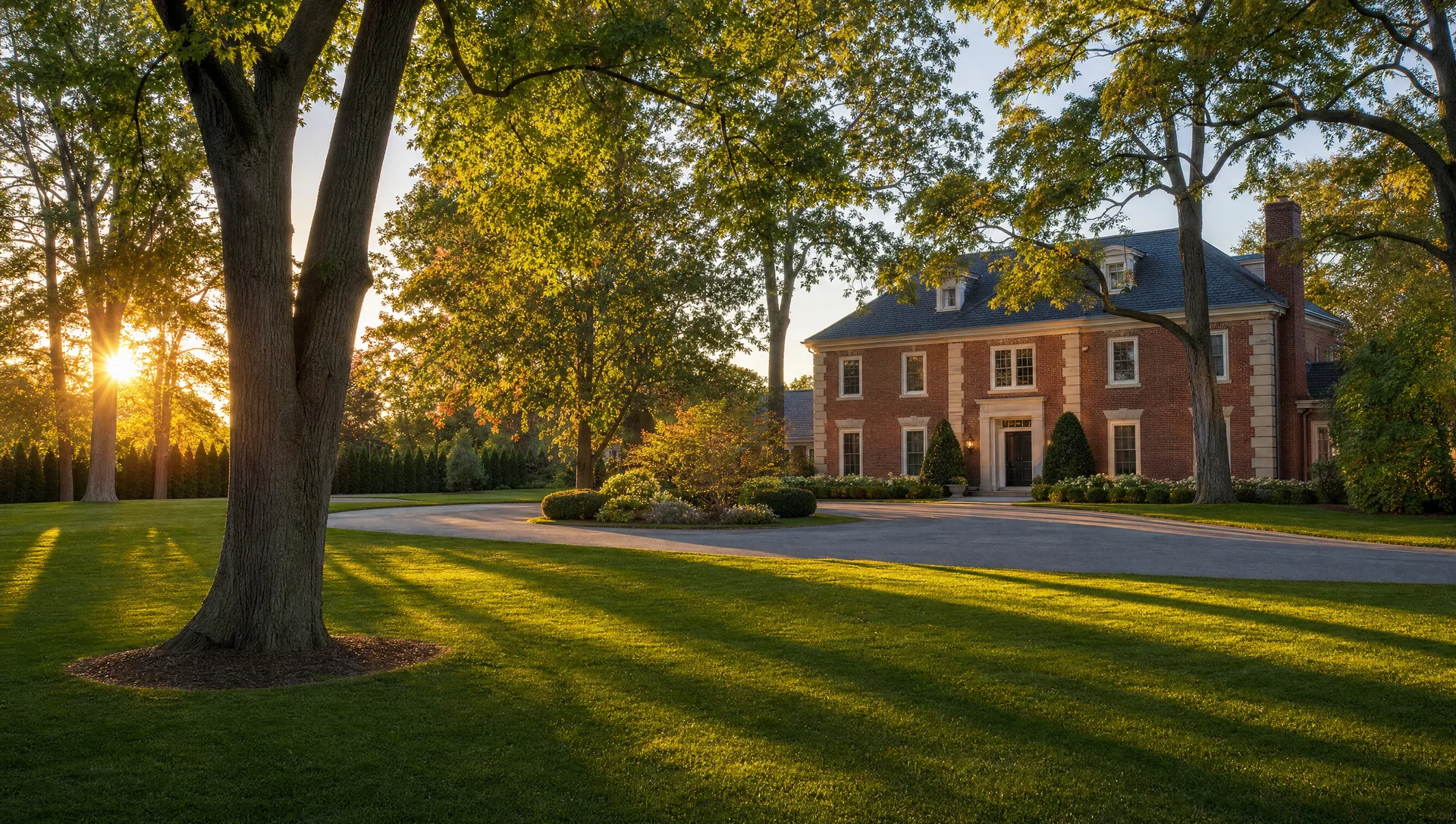Large Ontario estate property with multiple mature trees on a manicured front lawn and a brick Georgian-style house in the background