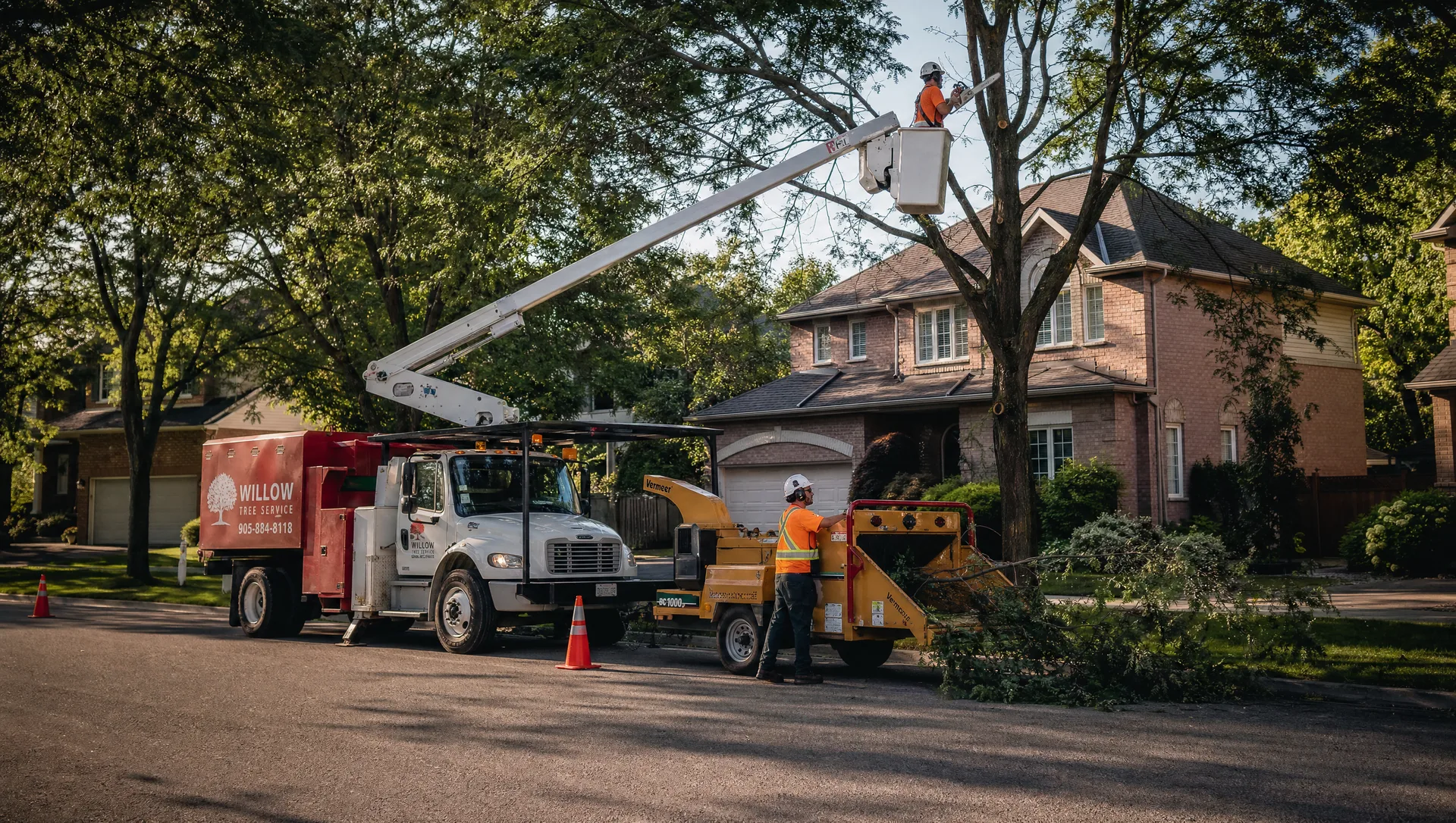 Aurora tree removal crew working from a bucket truck on a residential street, certified arborist in PPE