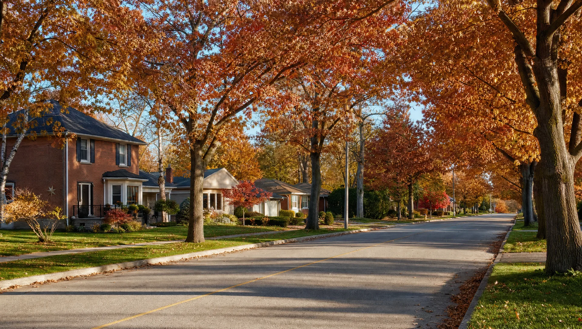 Established residential Newmarket street near Fairy Lake with mature maple and oak canopy in full autumn colour