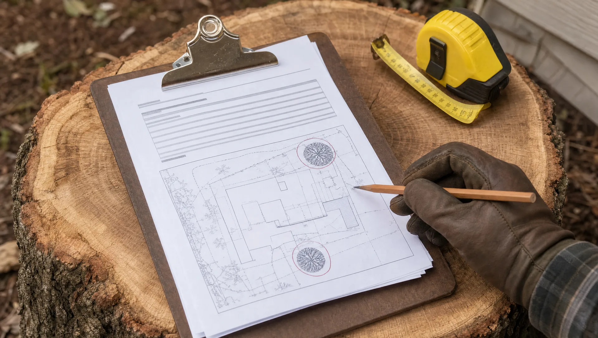 Clipboard with permit documents and a marked-up site plan resting on a freshly cut tree stump, gloved hand reviewing