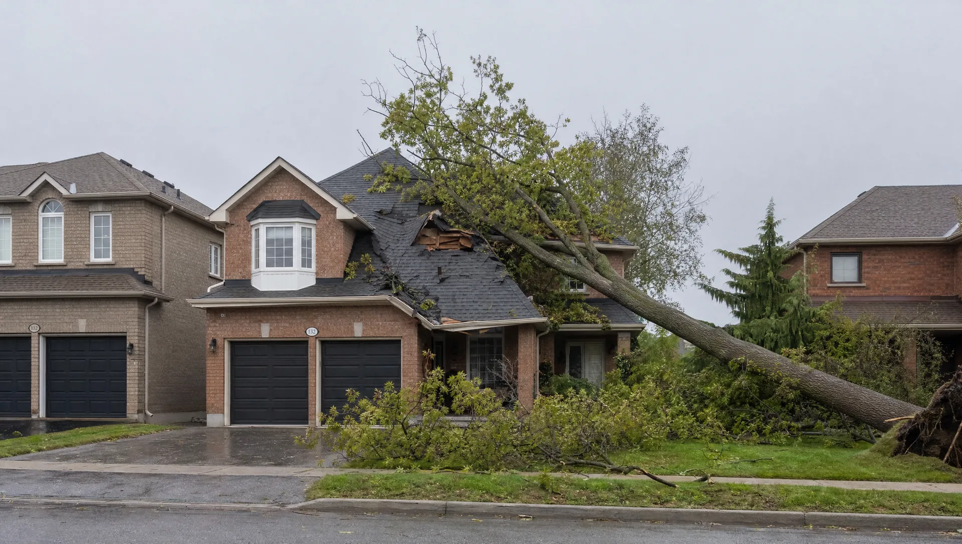 Large oak tree fallen across the roof of a suburban Ontario brick home after a storm