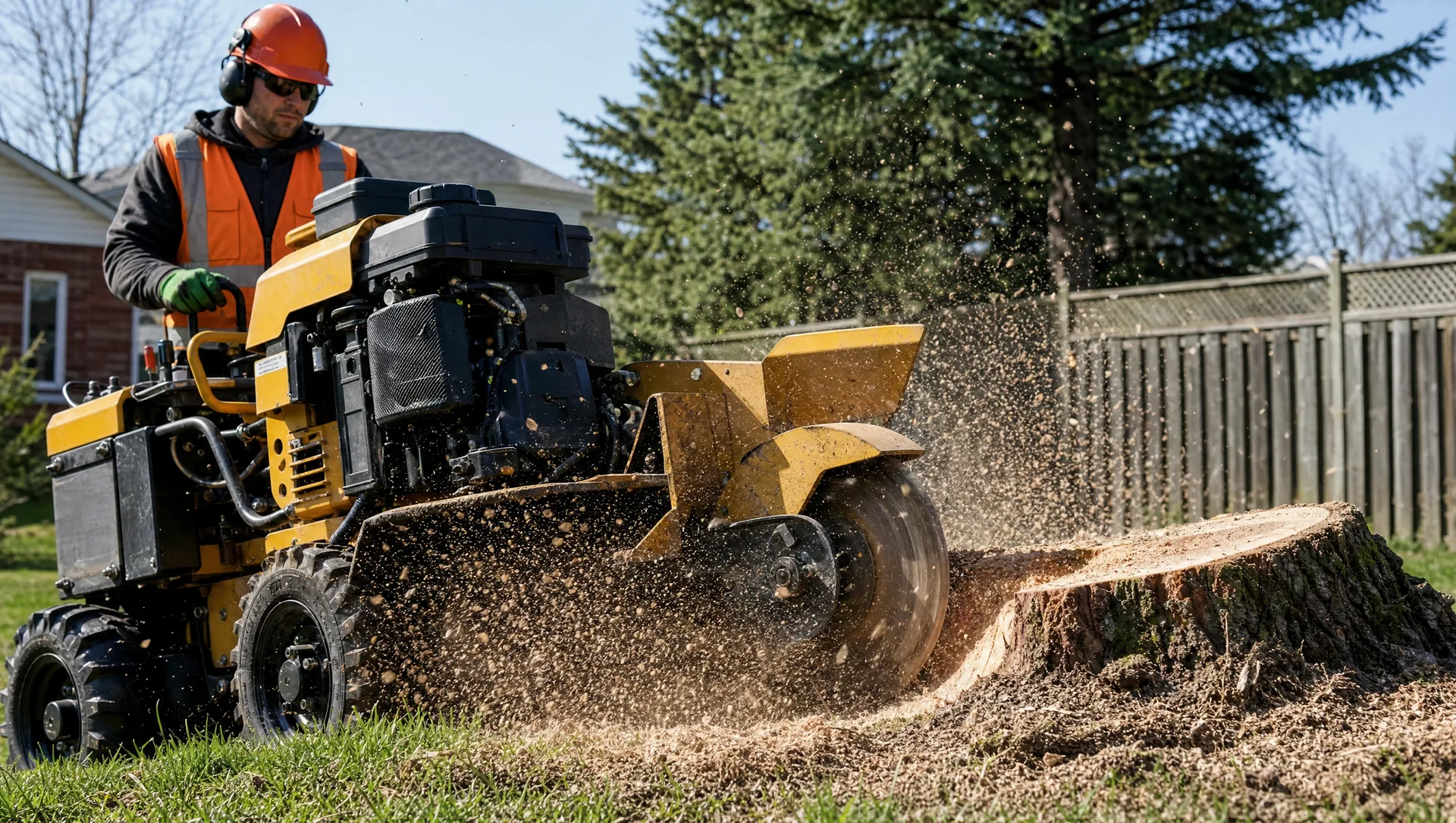 Professional stump grinder mid-cut on a freshly cut tree stump on a residential lawn, wood chips flying