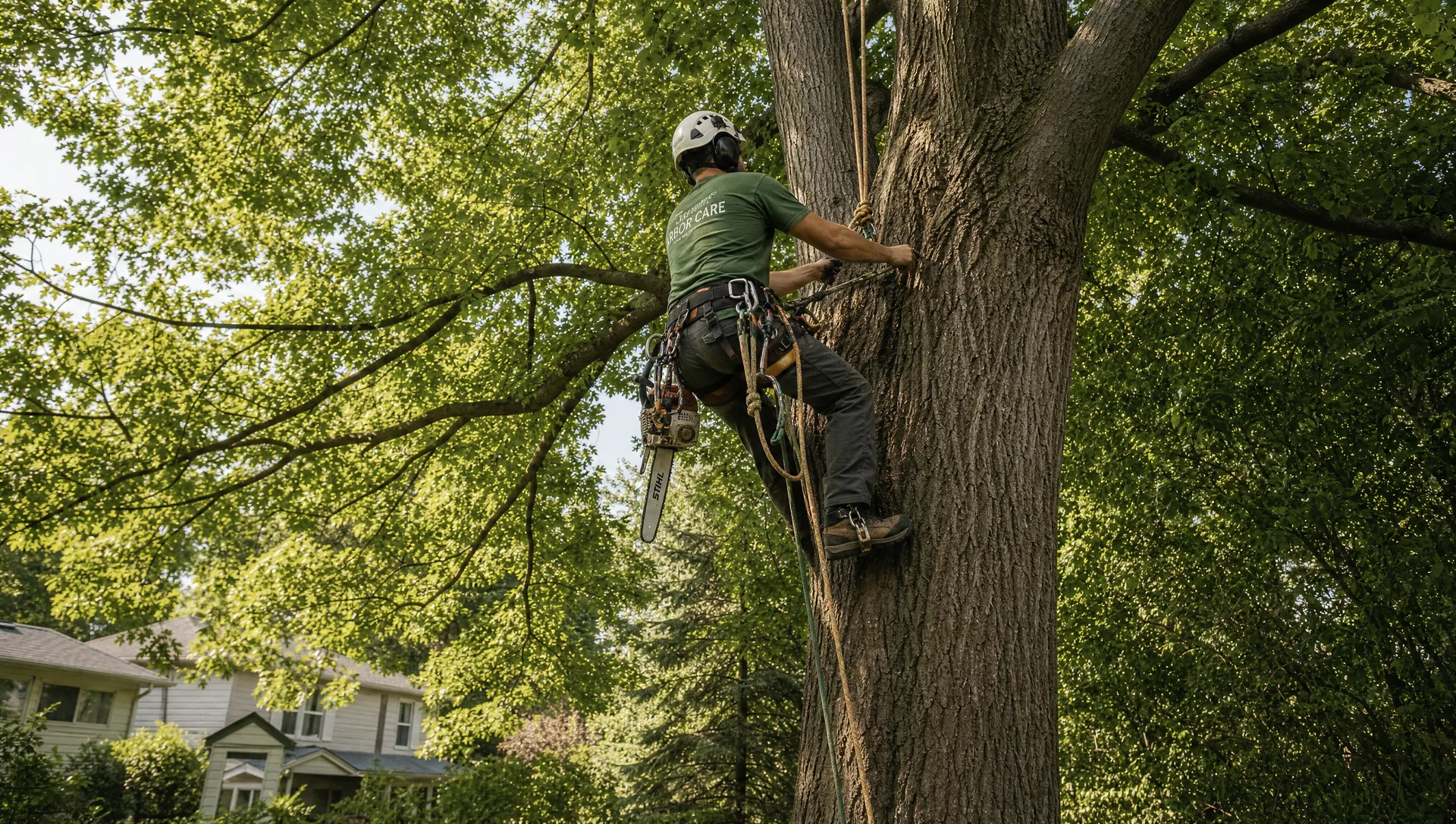 ISA-certified arborist in safety harness climbing a mature oak tree in an Aurora residential backyard